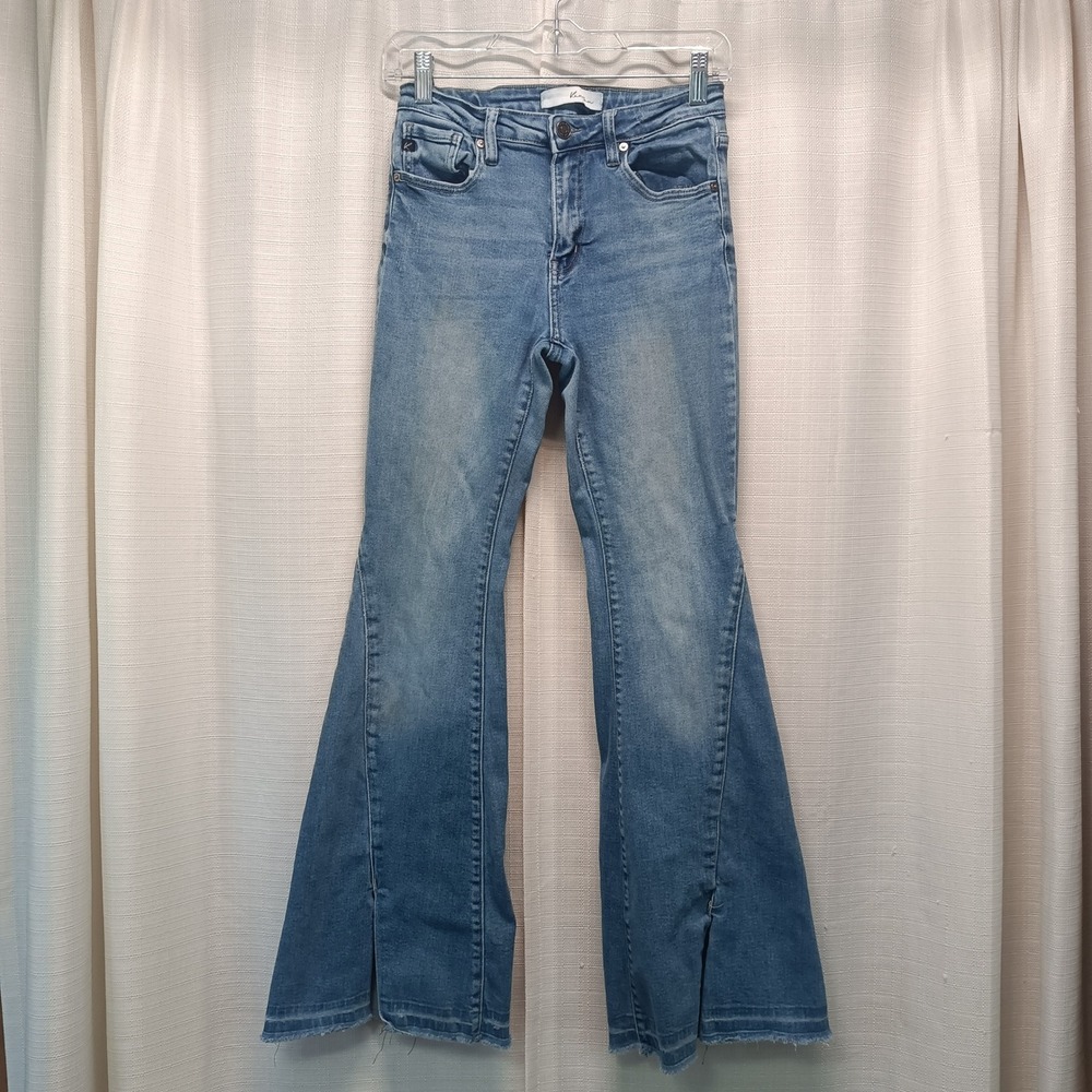 Kancan Women Mid Rise Flare Jeans Medium Wash Front Slit Raw Hem 3/25 Festival